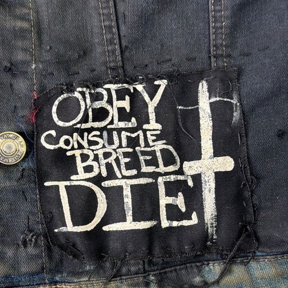 Upcycled Wax Jean Denim Vest with Patches size small - Picture 8 of 11